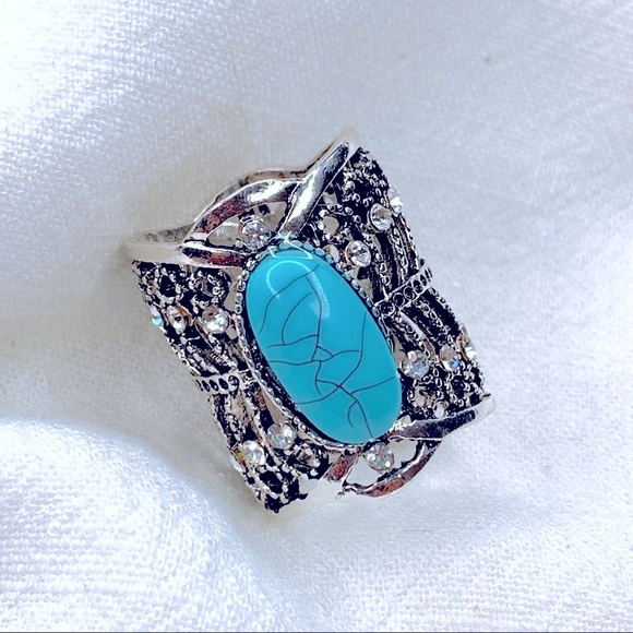Turquoise Rhinestones Sliver Plated Scarf Ring - Picture 3 of 9